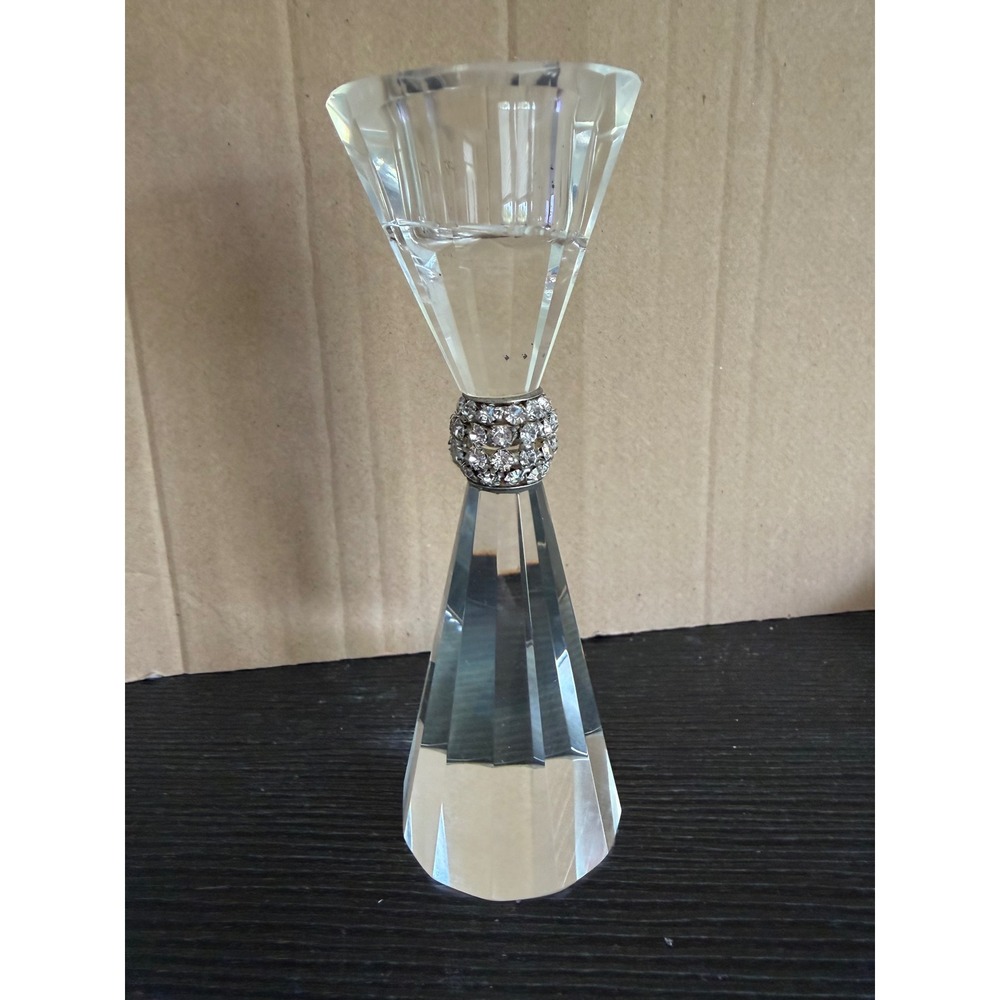 Godinger Faceted Crystal Glass Taper Candle Holder with Rhinestone Center Band